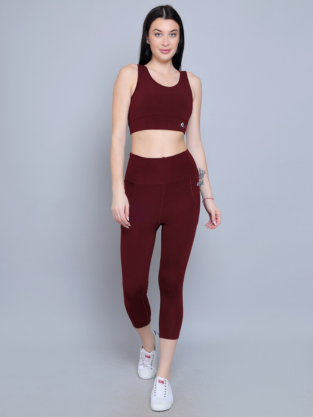 

N-Gal Women Fitness Yoga Exercise Crop Bra & Tights Tracksuit, Burgundy