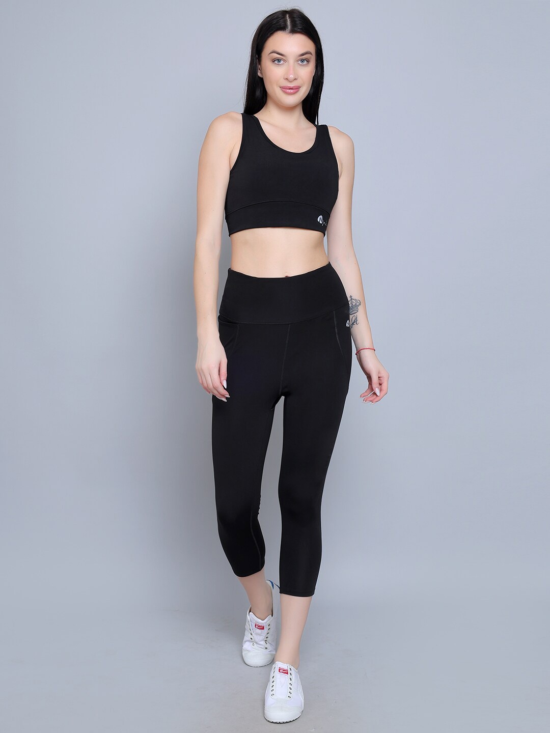 

N-Gal Women Fitness Yoga Exercise Crop Bra & Tights Tracksuit, Black