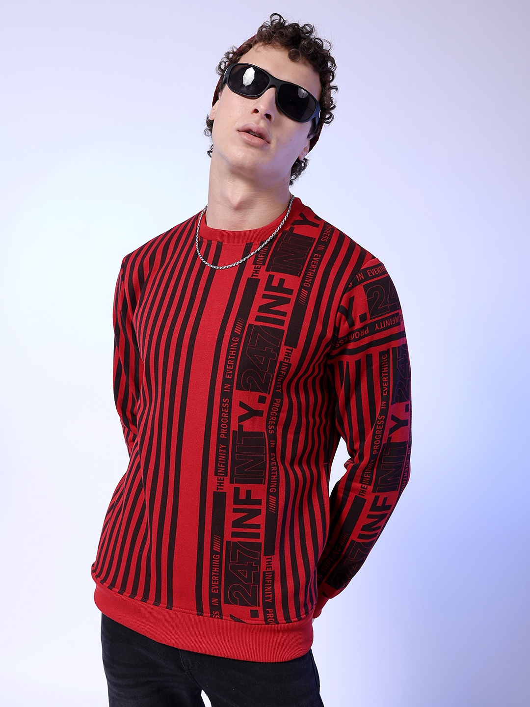 

The Indian Garage Co Men Round Neck Striped Pullover Sweatshirt, Red