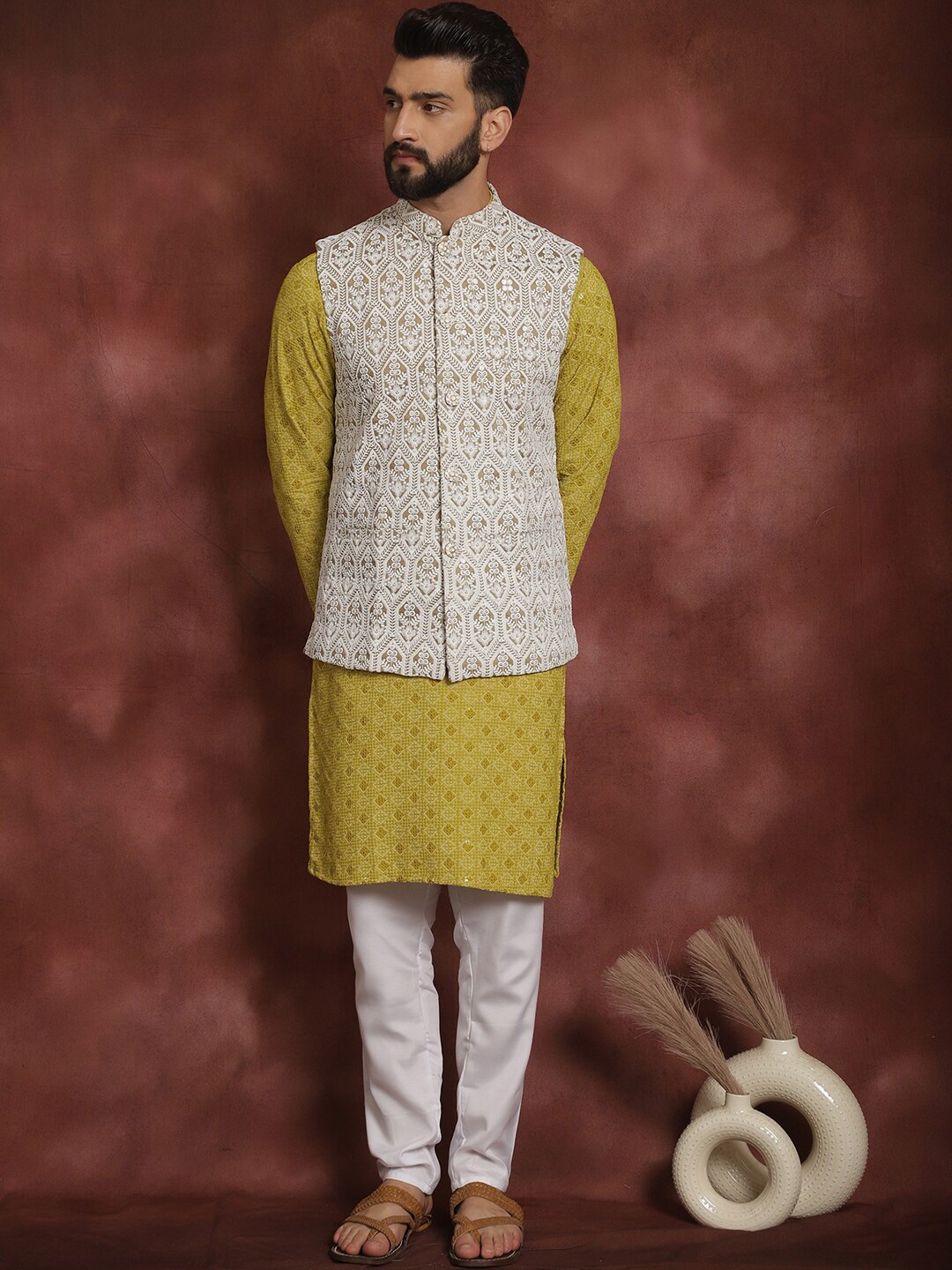 

Anouk Green Ethnic Motifs Embroidered Straight Kurta With Churidar & Nehru Jacket