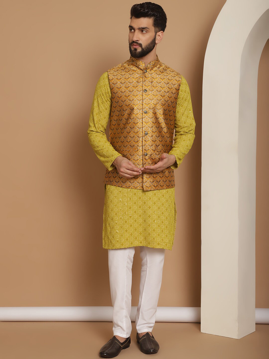 

Anouk Green Ethnic Motifs Woven Design Straight Kurta With Churidar & Nehru Jacket