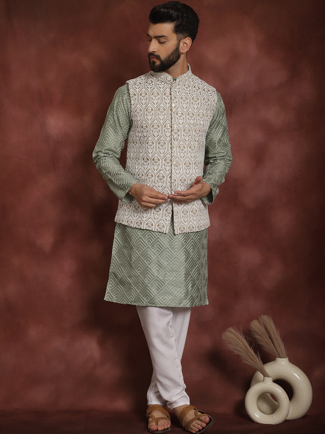 

Anouk Ethnic Motifs Embroidered Regular Thread Work Kurta with Churidar & Nehru Jacket, Olive