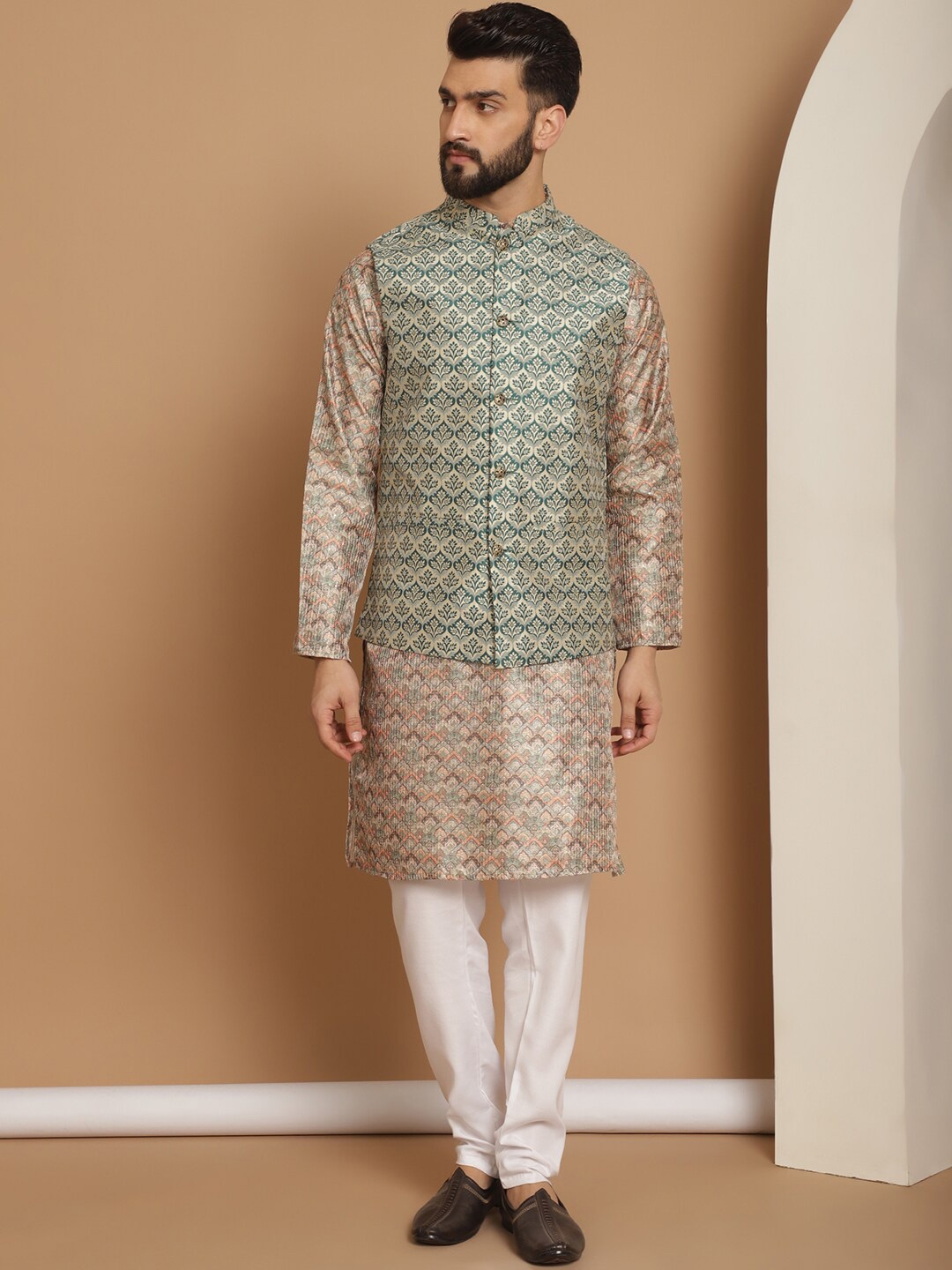 

Anouk Beige Ethnic Motifs Woven Design Straight Kurta With Churidar & Nehru Jacket