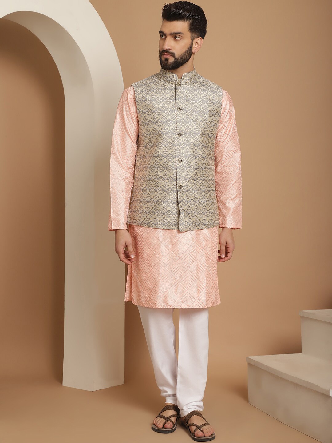 

Anouk Embroidered Regular Thread Work Kurta with Churidar & Nehru Jacket, Pink