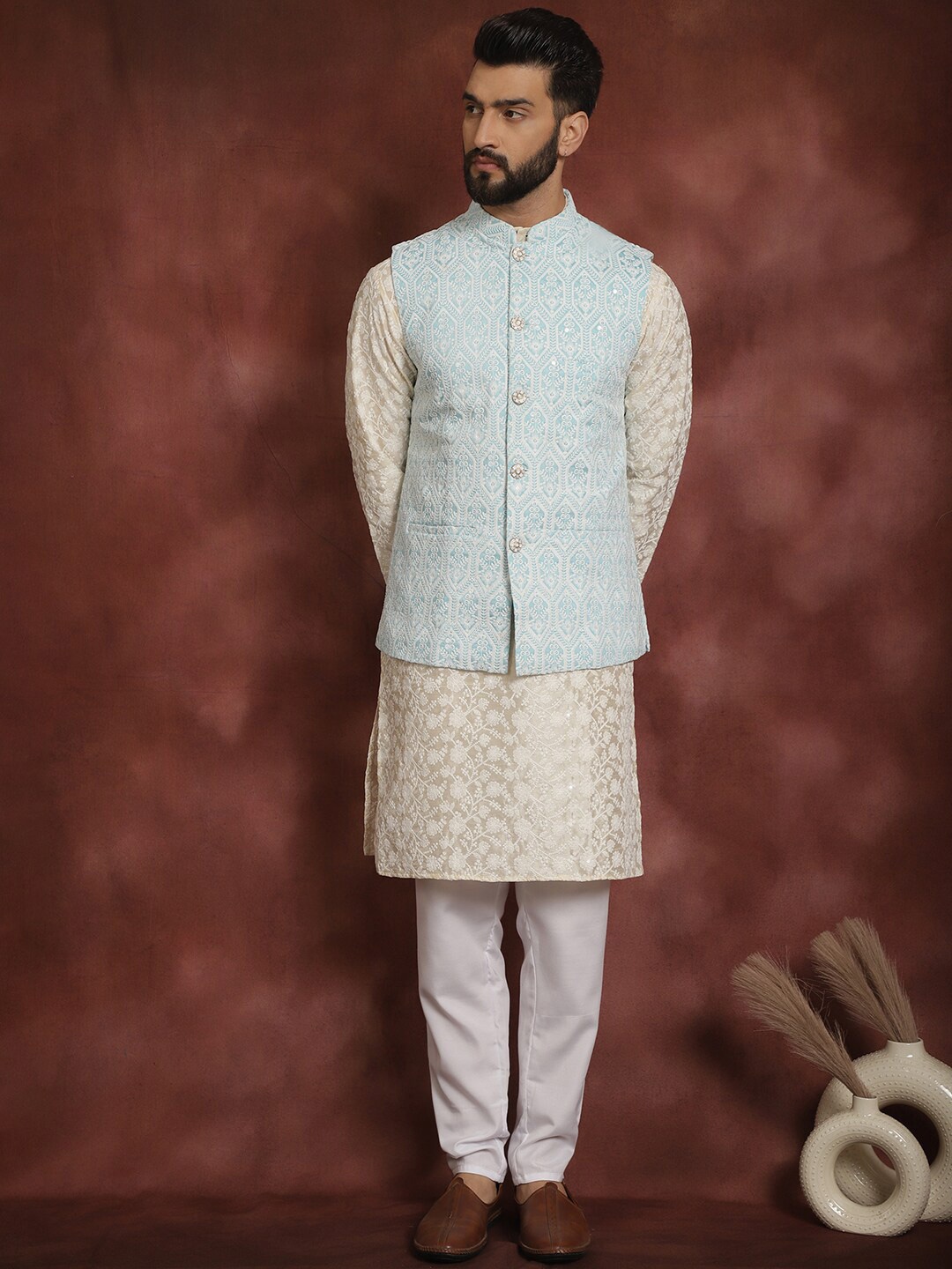 Anouk Floral Embroidered Mandarin Collar Thread Work Kurta & Churidar With Nehru Jacket, Cream