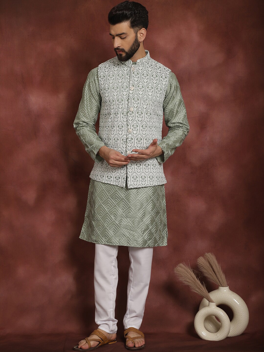 

Anouk Floral Woven Design Mandarin Collar Long Sleeves Kurta with Churidar Nehru Jacket, Olive