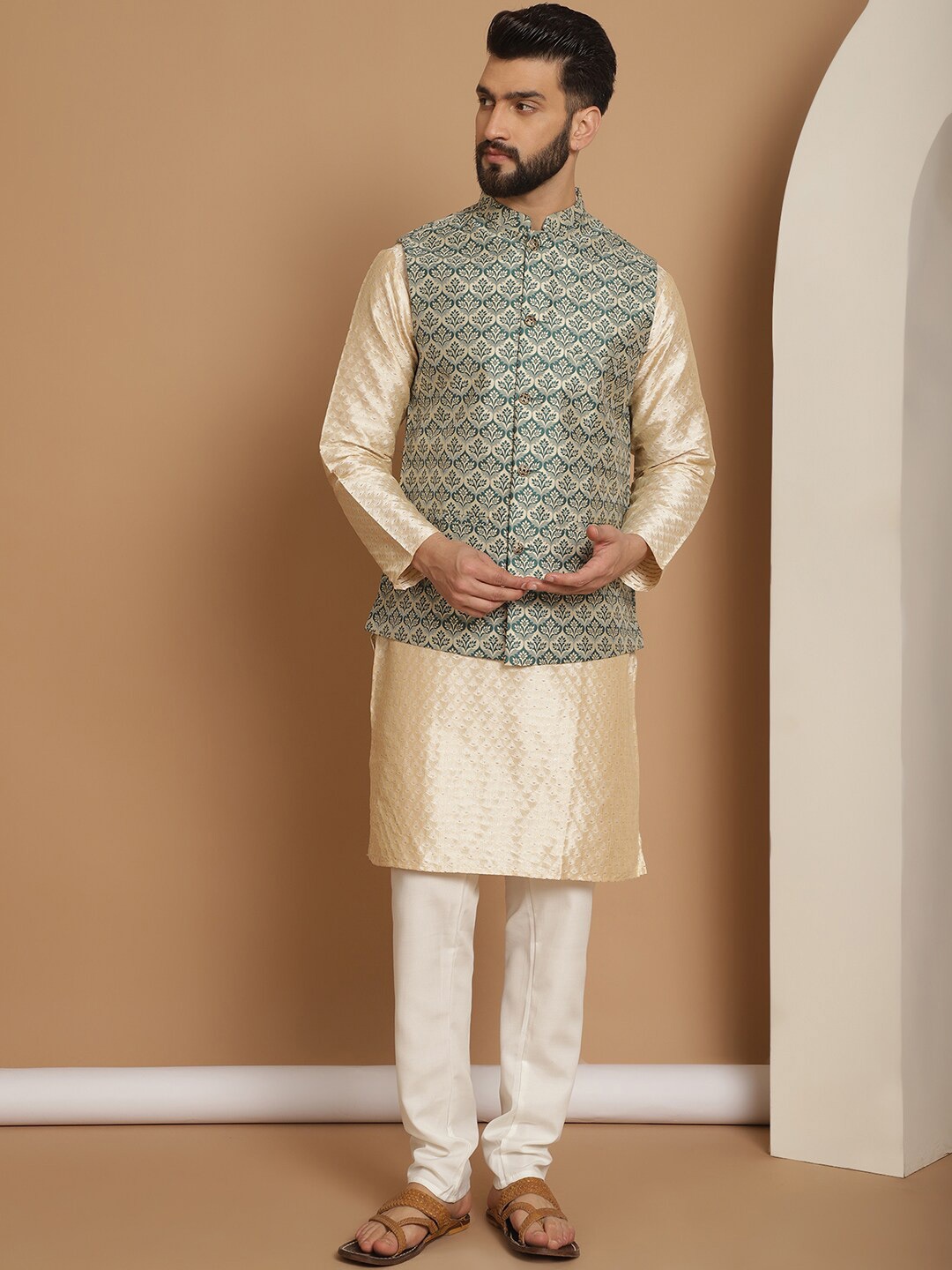 

Anouk Beige Ethnic Motifs Woven Design Straight Kurta With Churidar & Nehru Jacket