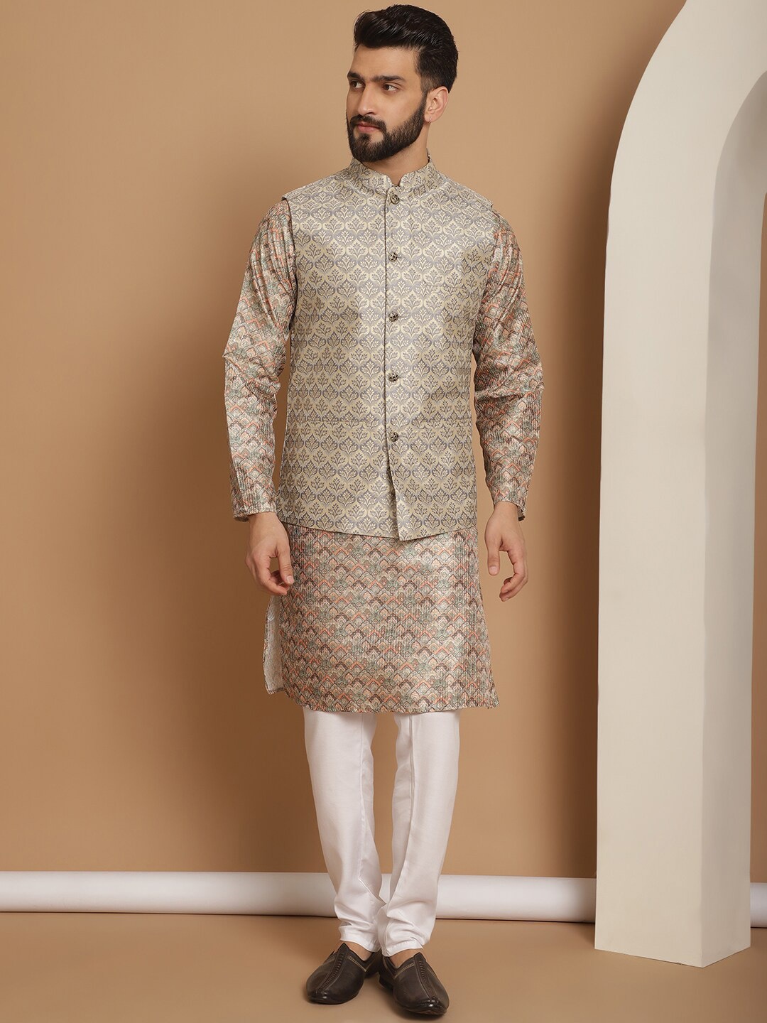 

Anouk Beige Woven Design Striped Regular Straight Kurta With Churidar