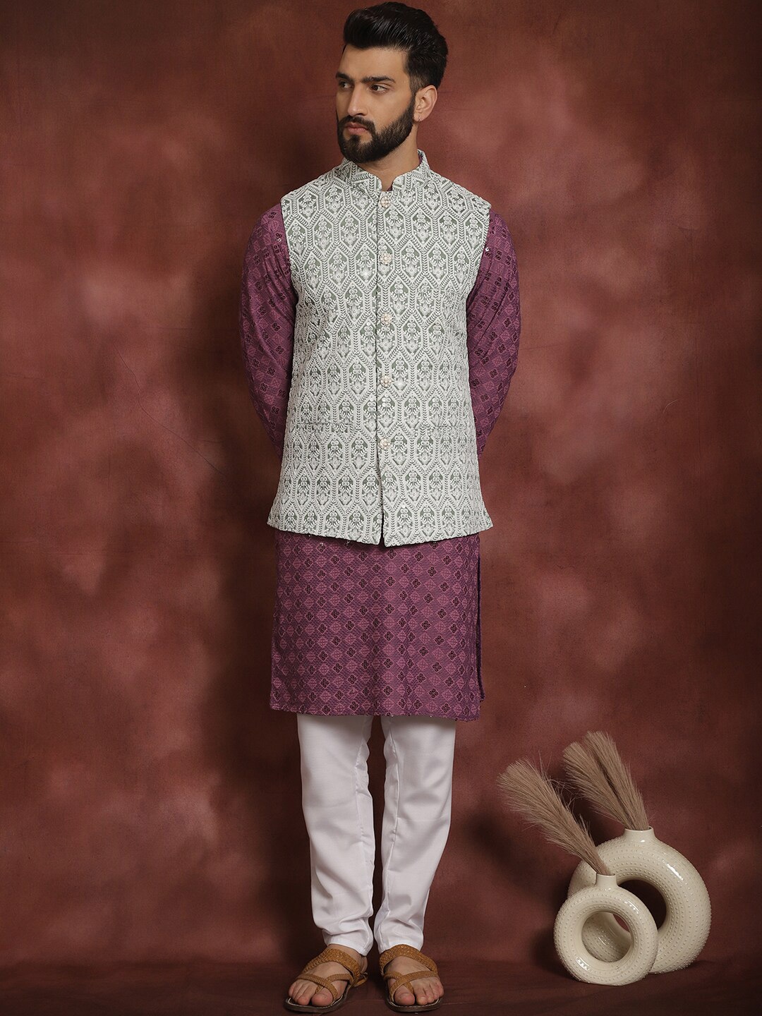 

Anouk Thread Work Embroidered Regular Kurta with Churidar & Nehru jacket, Purple
