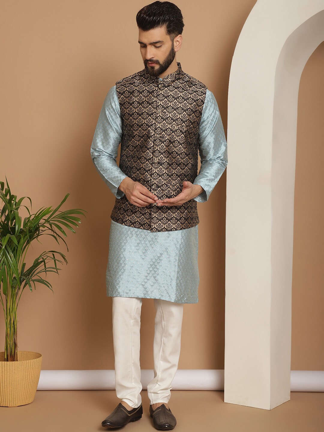 

Anouk Ethnic Motifs Embroidered Straight Jacquard Silk Regular Kurta with Churidar, Blue