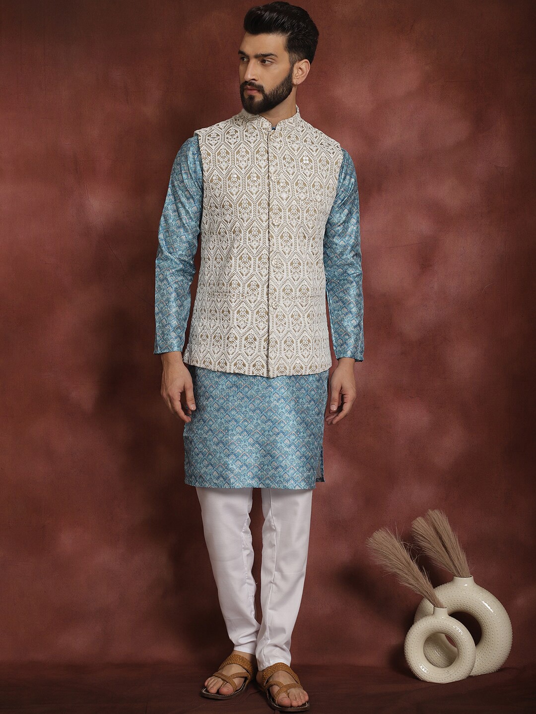 

Anouk Blue Striped Mandarin Collar Thread Work Straight Kurta With Churidar