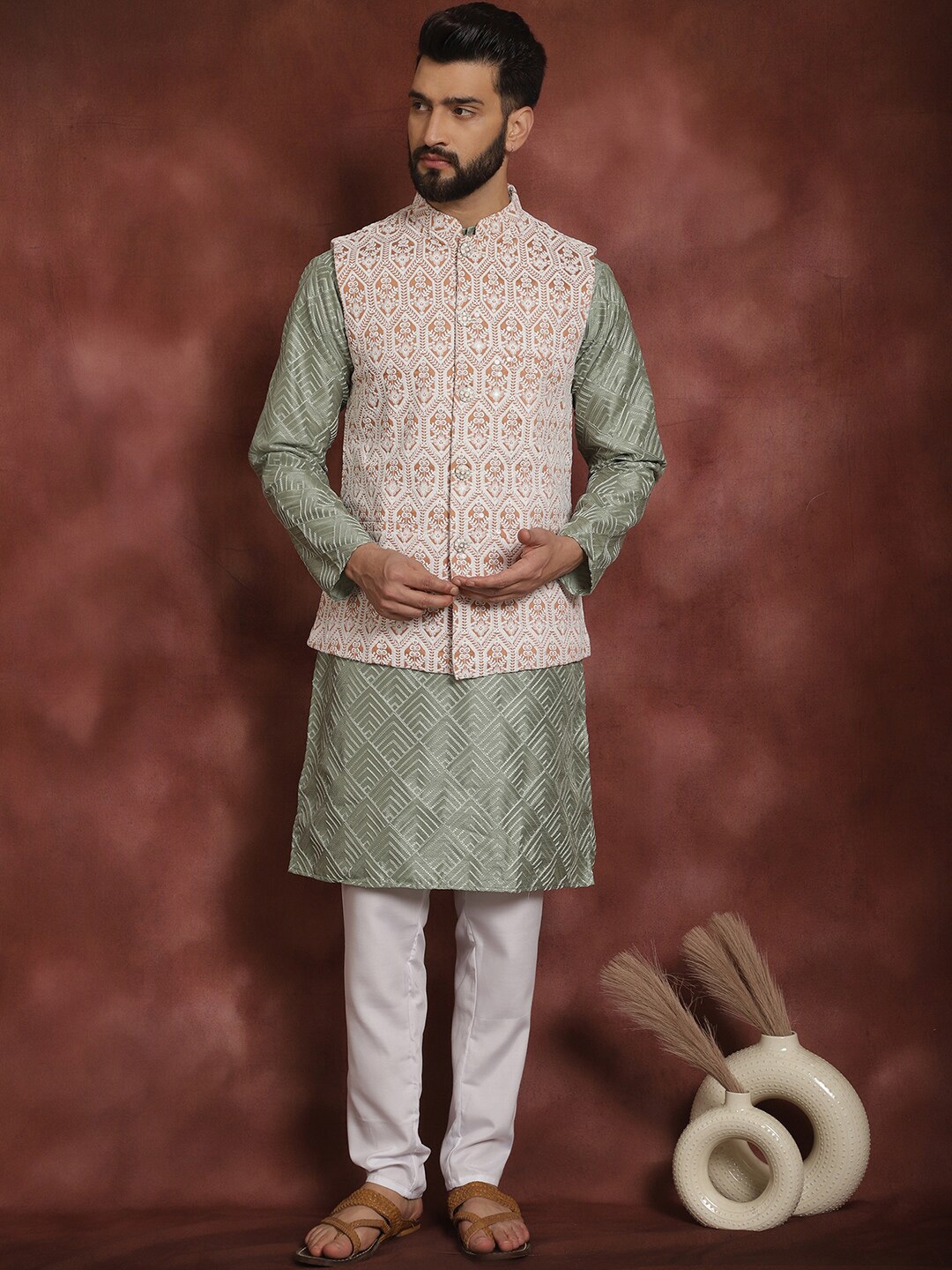 

Anouk Geometric Embroidered Straight Kurta with Churidar & Nehru Jacket, Olive