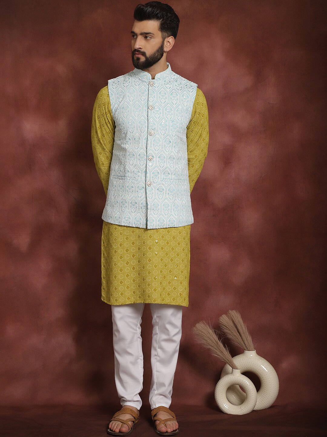 

Anouk Embroidered Regular Thread Work Kurta & Churidar With Nehru Jacket, Green