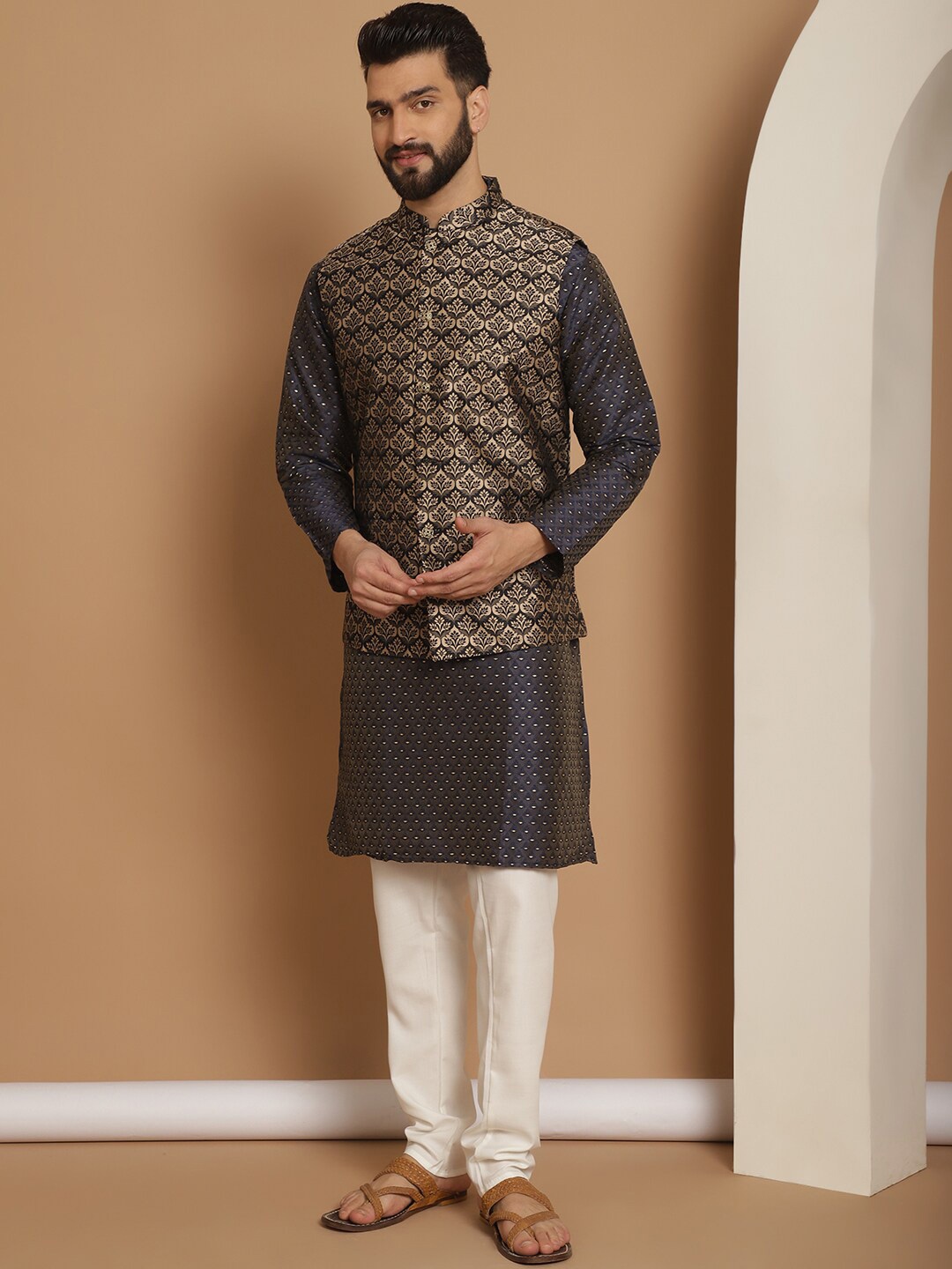 

Anouk Navy Blue Ethnic Motifs Woven Design Straight Kurta With Churidar & Nehru Jacket