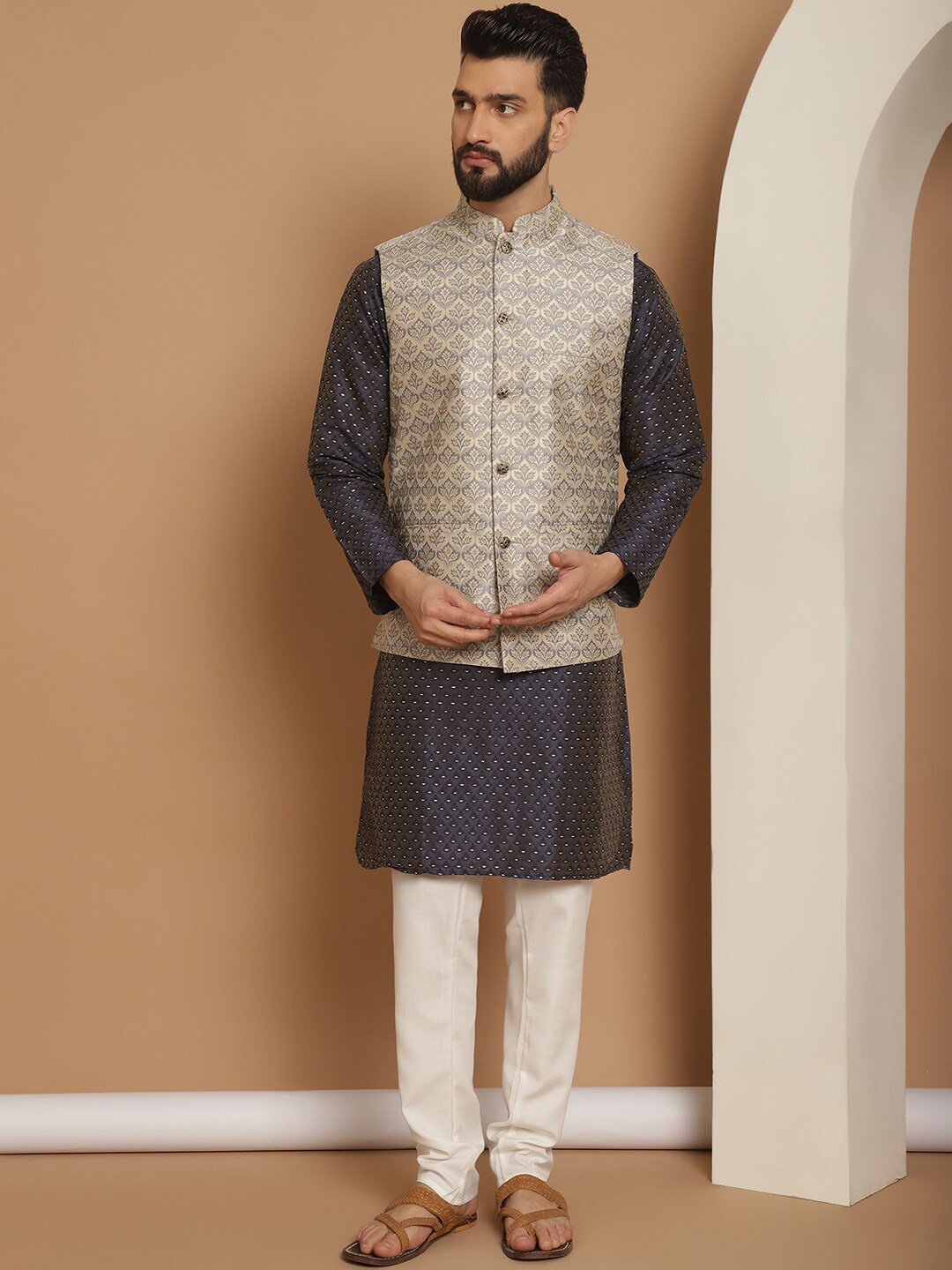 

Anouk Embroidered Regular Thread Work Jacquard Silk Kurta With Churidar & Nehru Jacket, Navy blue