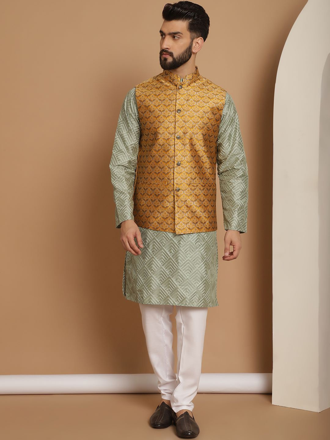

Anouk Embroidered Regular Silk Kurta with Churidar, Olive