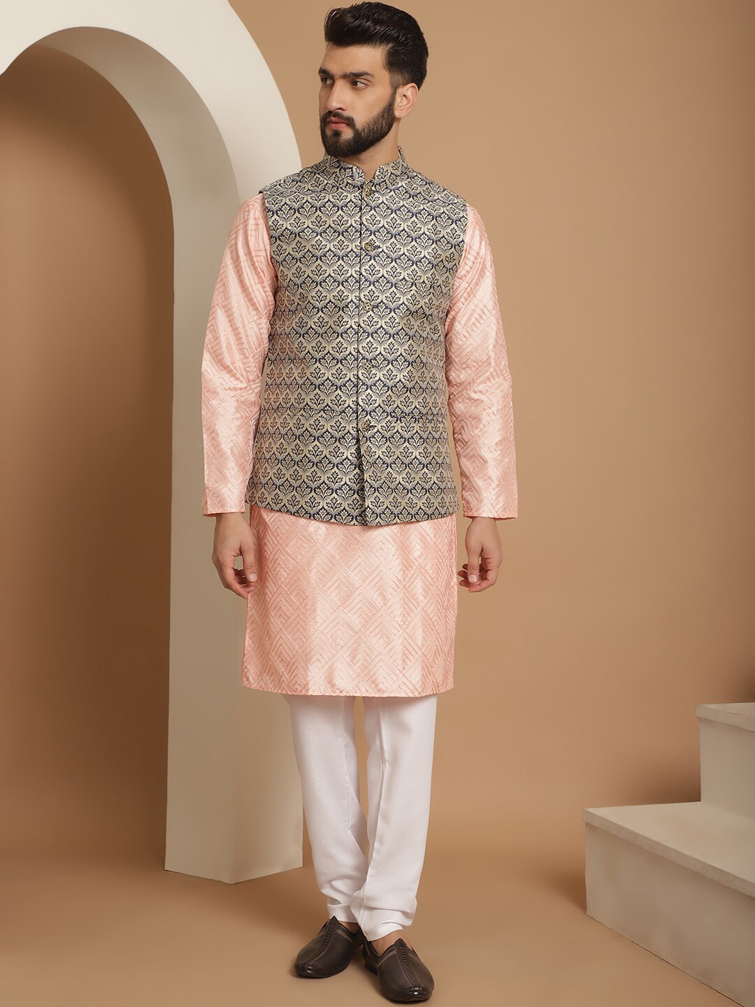 

Anouk Pink Ethnic Motifs Woven Design Straight Kurta With Churidar & Nehru Jacket