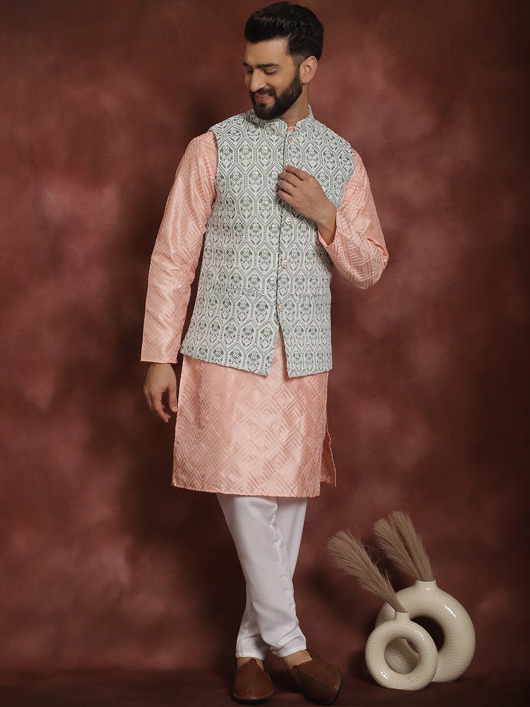 

Anouk Pink Ethnic Motifs Embroidered Straight Kurta With Churidar & Nehru Jacket