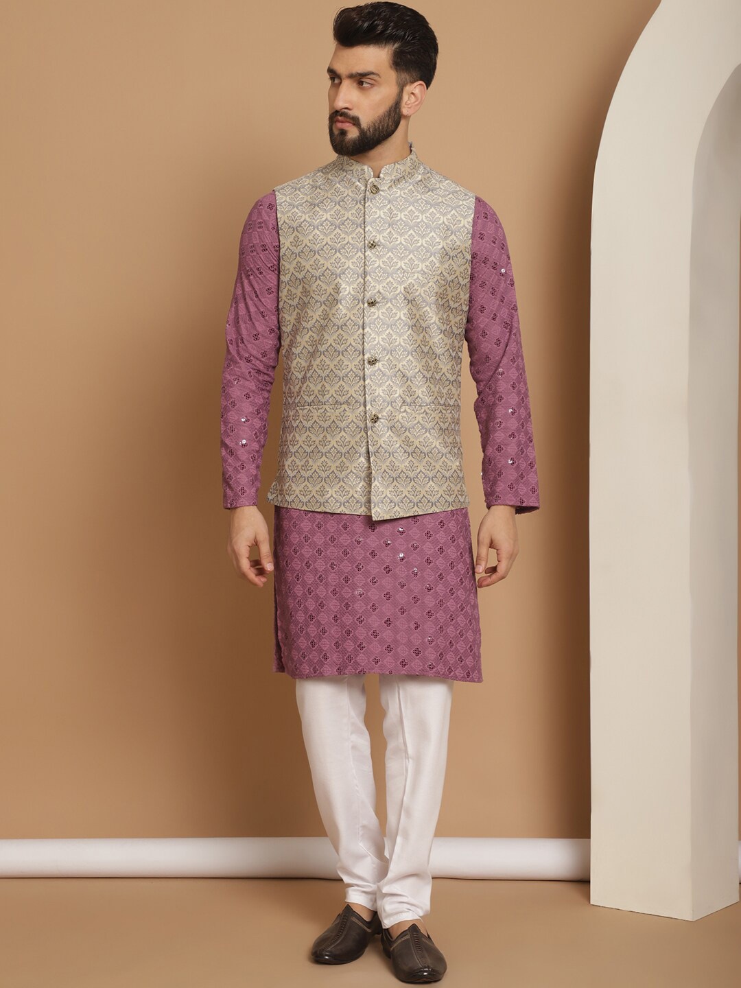 

Anouk Sequinned Mandarin Collar Regular Kurta & Churidar With Nehru Jacket, Purple