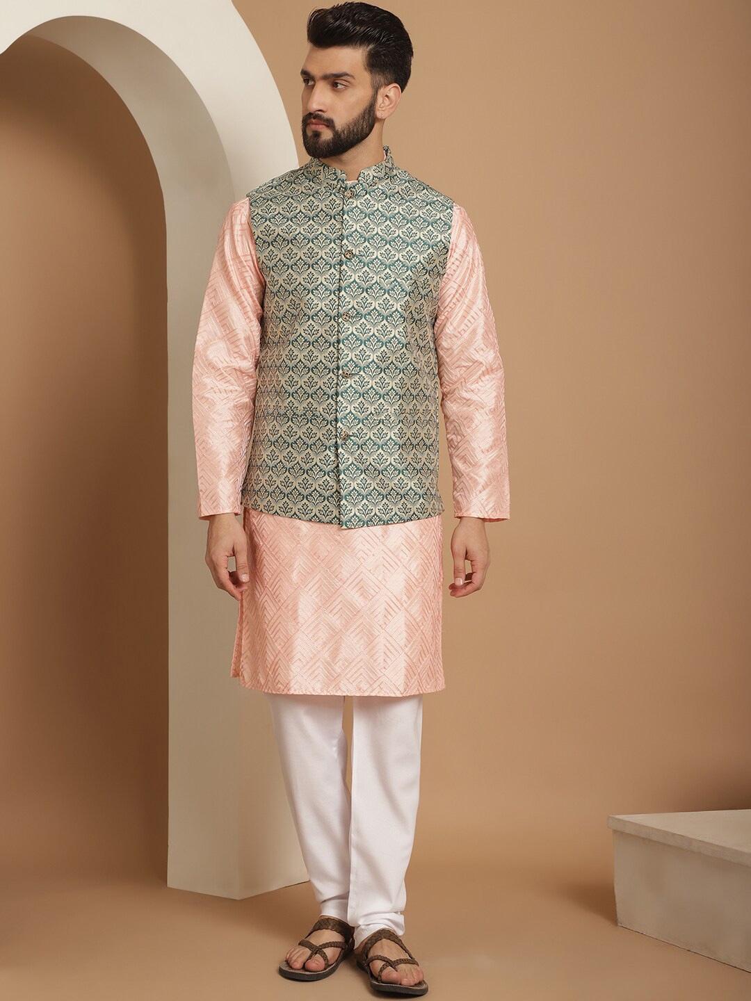 

Anouk Pink Ethnic Motifs Woven Design Straight Kurta With Churidar & Nehru Jacket