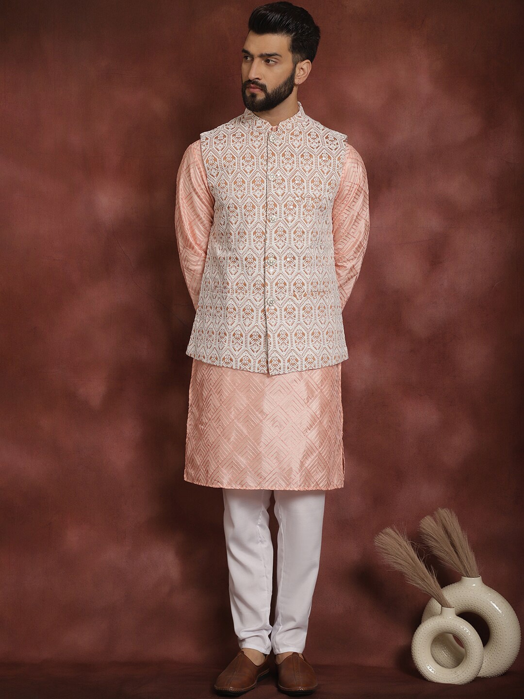 

Anouk Embroidered Regular Thread Work Kurta with Churidar & Nehru Jacket, Pink