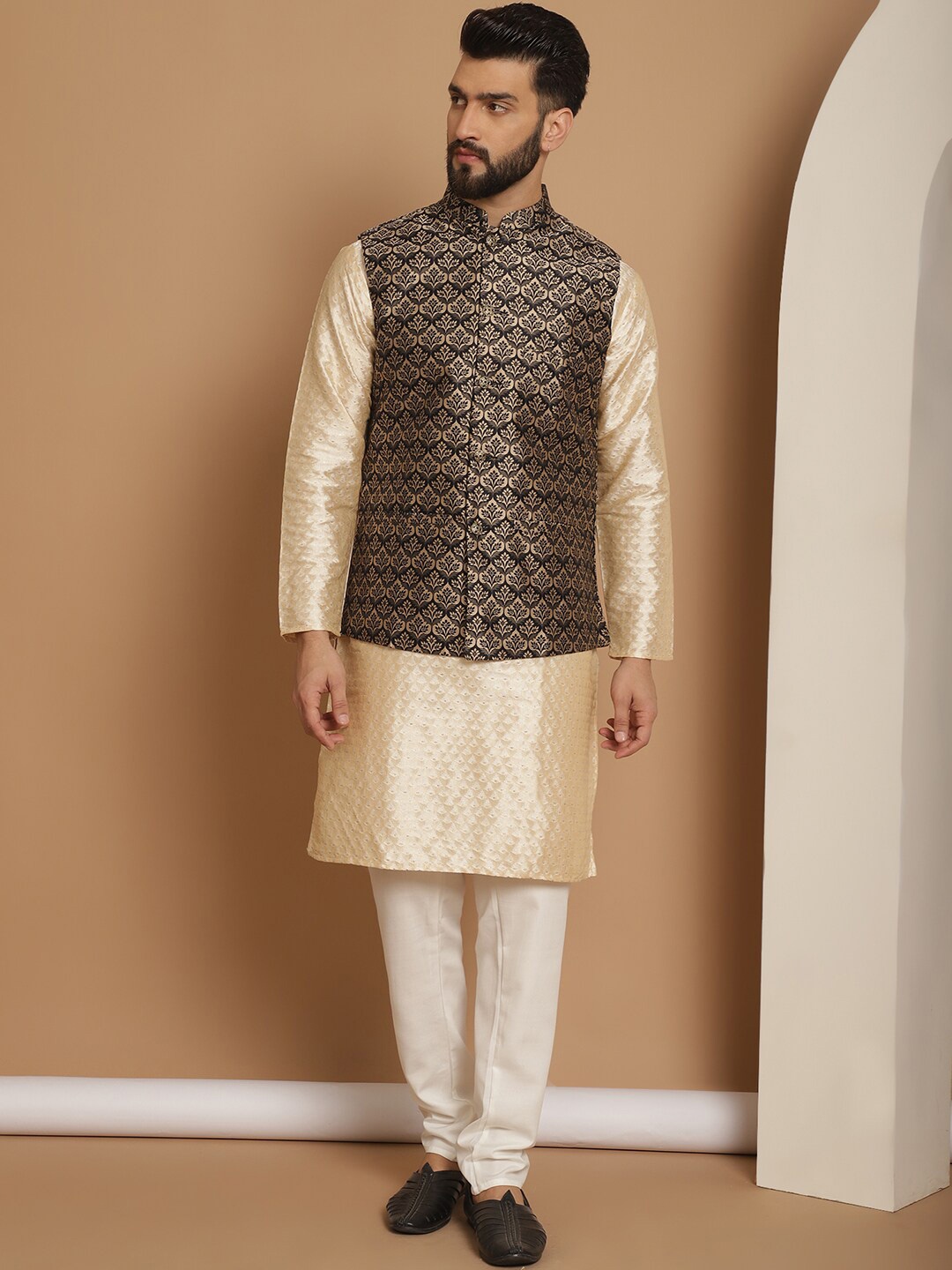 

Anouk Ethnic Motifs Print Mandarin Collar Straight Kurta & Churidar With Nehru Jacket, Beige