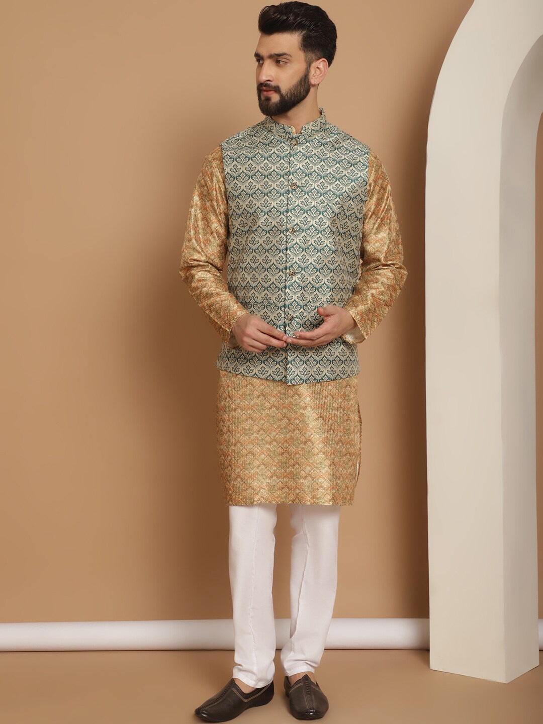 

Anouk Ethnic Motifs Regular Kurta with Churidar & NehruJacket, Mustard