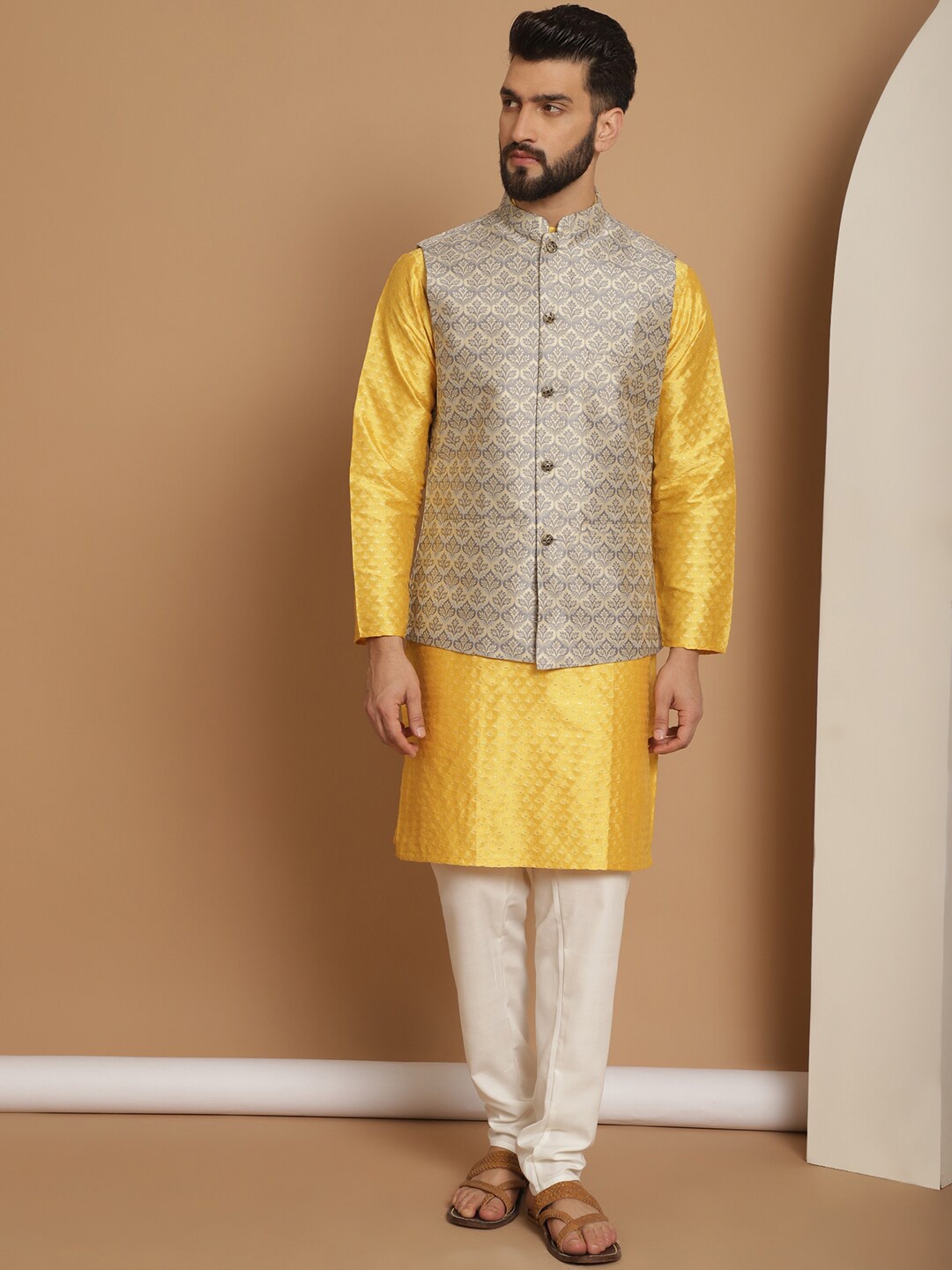 

Anouk Embroidered Straight Jacquard Silk Regular Kurta with Churidar, Mustard
