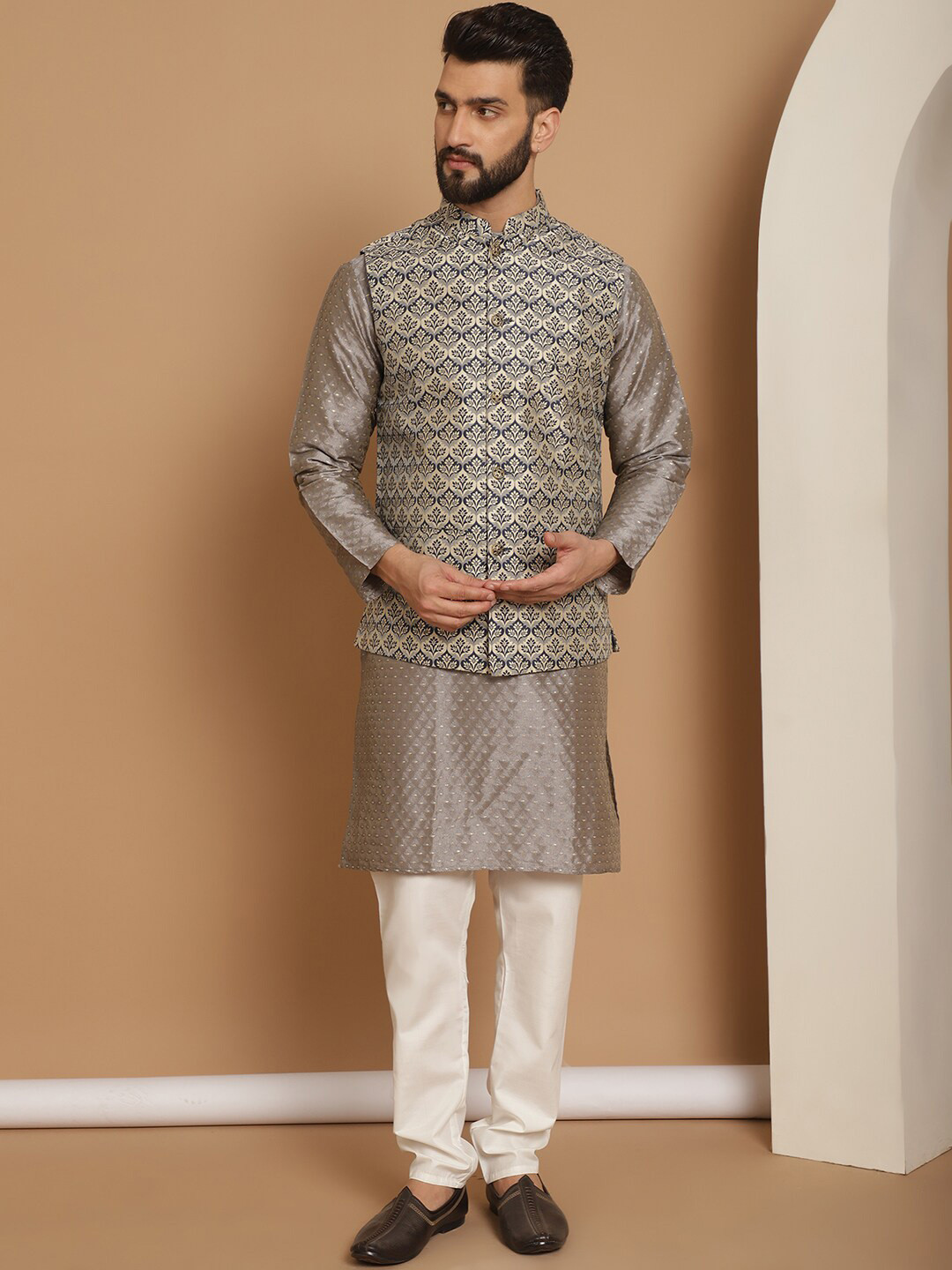 

Anouk Grey Ethnic Motifs Woven Design Straight Kurta With Churidar & Nehru Jacket