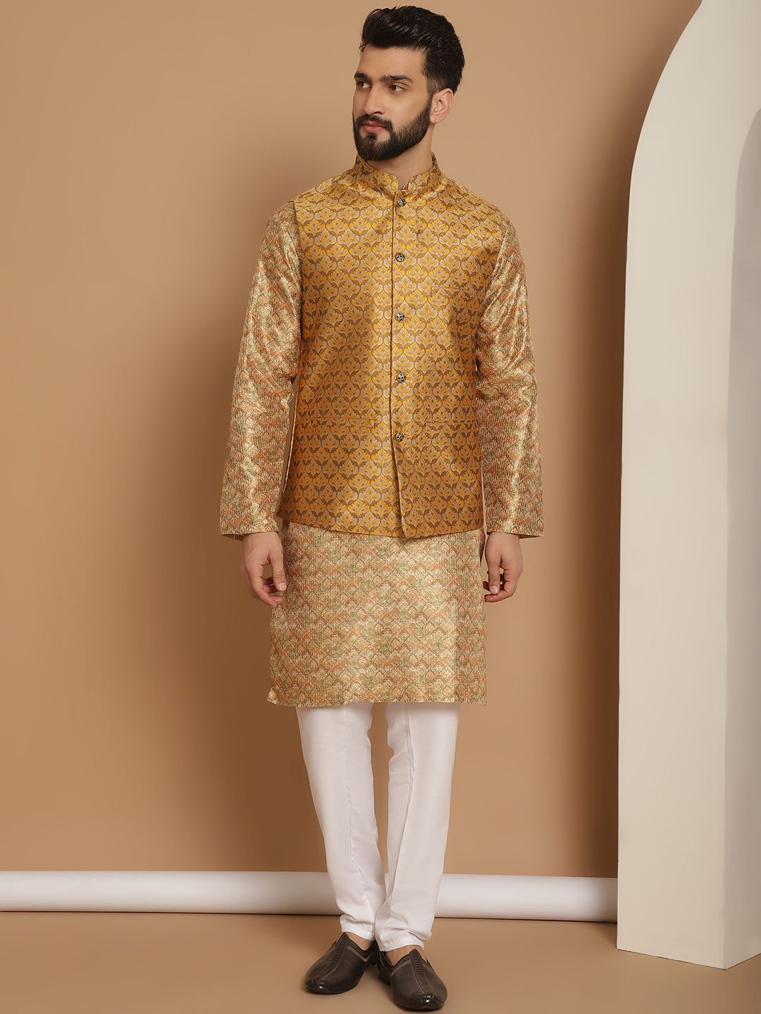 

Anouk Regular Printed Thread Work Straight Kurta Churidar with Nehru jacket, Mustard