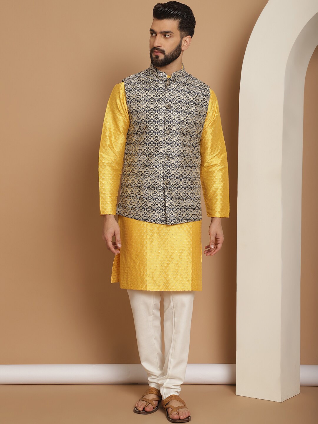 

Anouk Motifs Embroidered Regular Kurta Churidar with Nehru jacket, Mustard