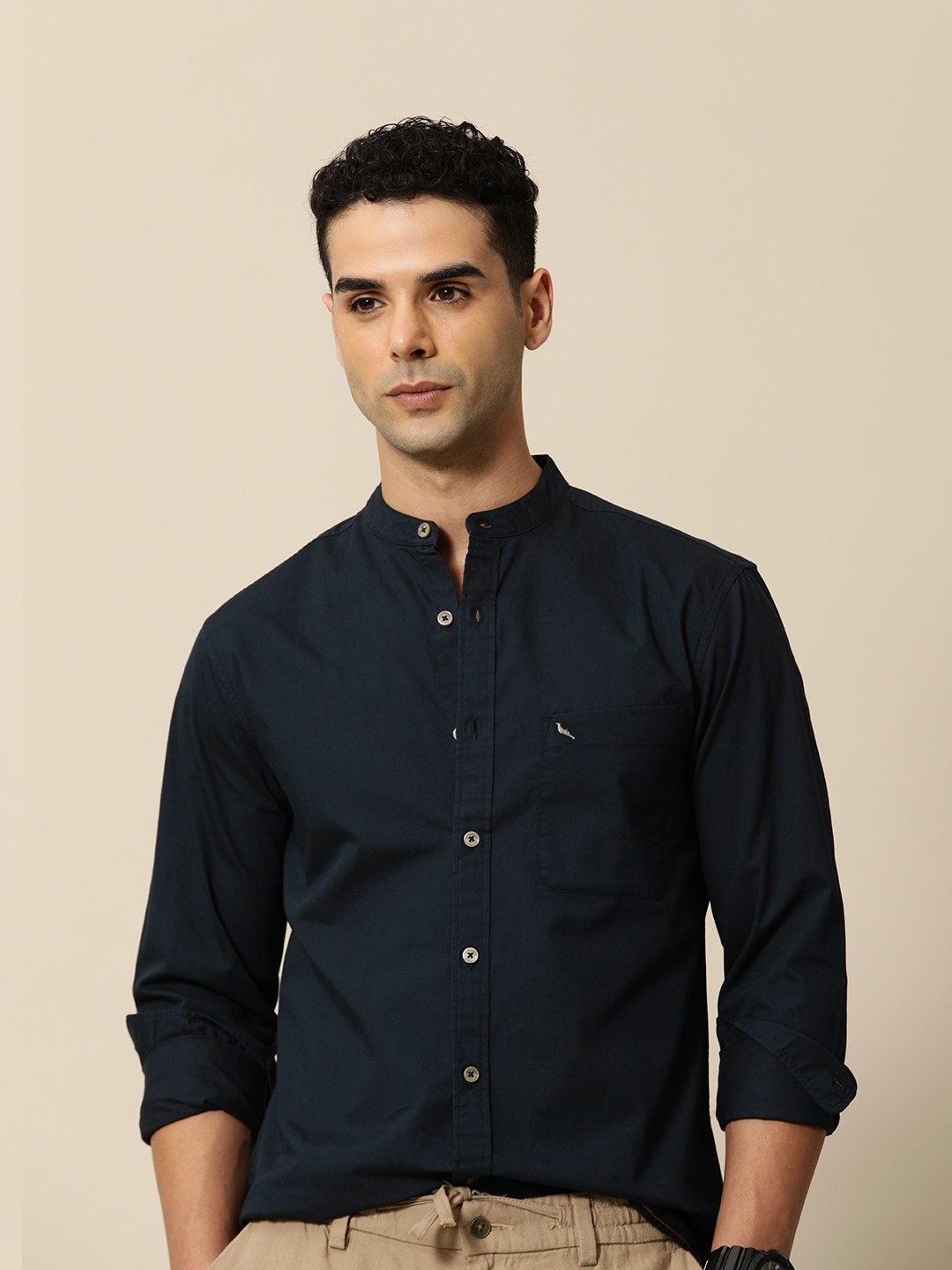 

Mr Bowerbird Men Premium Tailored Fit Mandarin Collar Pure Cotton Casual Shirt, Navy blue