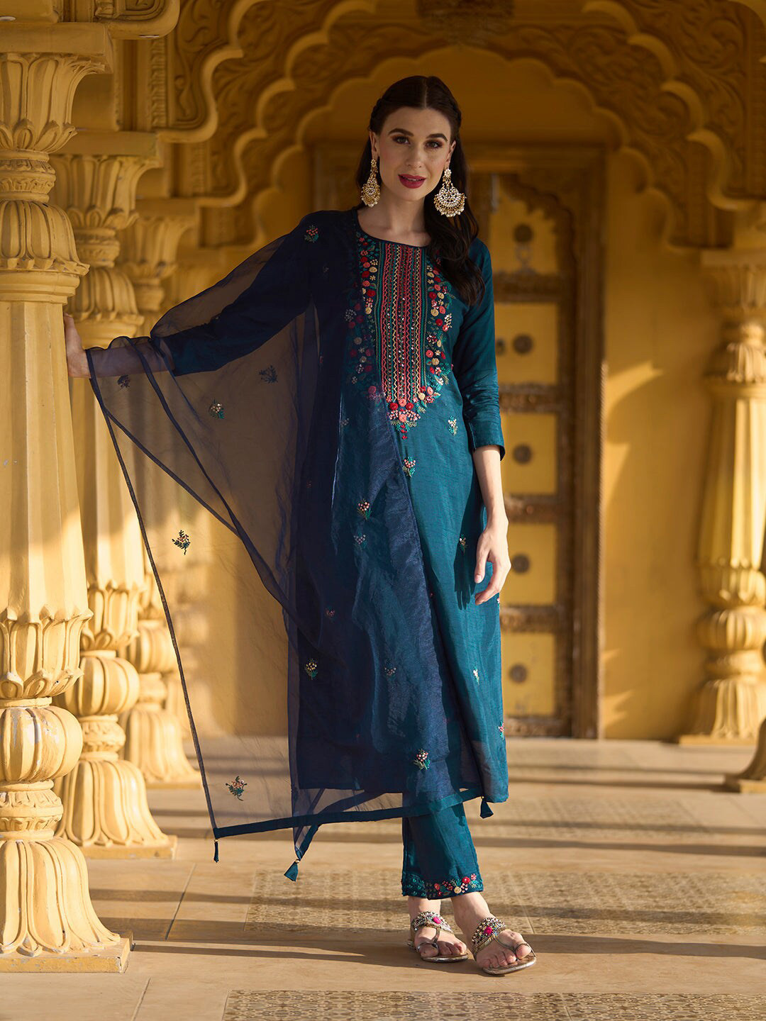 

Happy Design Floral Embroidered Straight Kurta & Trousers With Dupatta, Navy blue