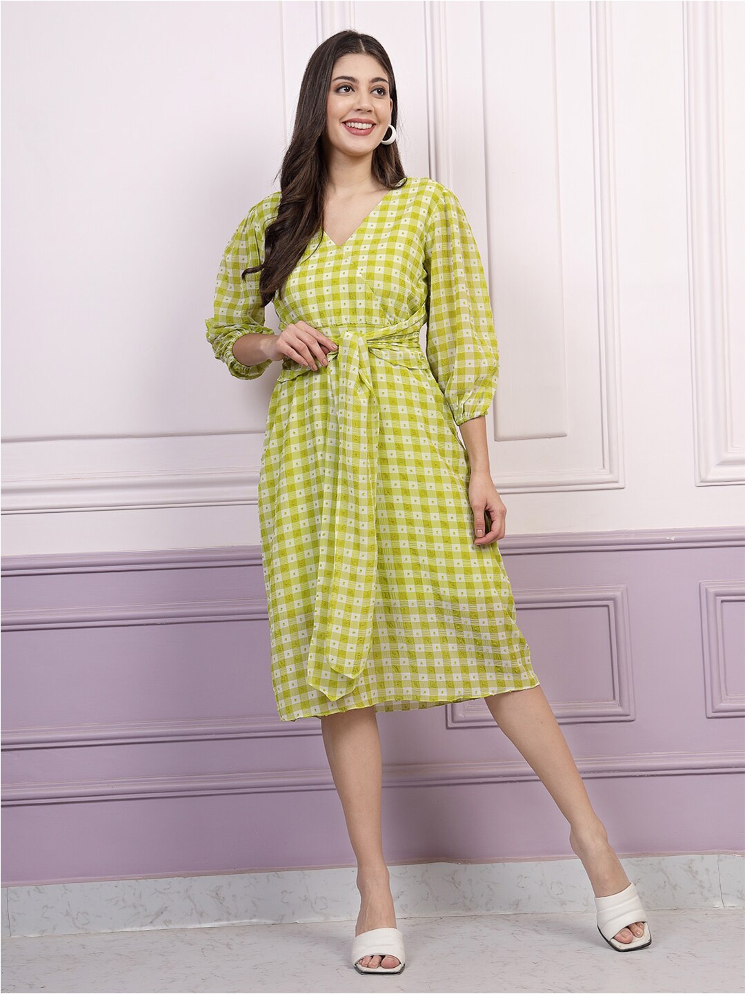 

Athena Checked Georgette A-Line Tie Up Dress, Green