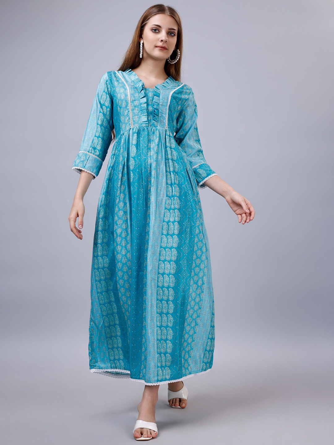 

GoStyle Ethnic Motifs Printed Cotton Fit & Flare Midi Dress, Turquoise blue