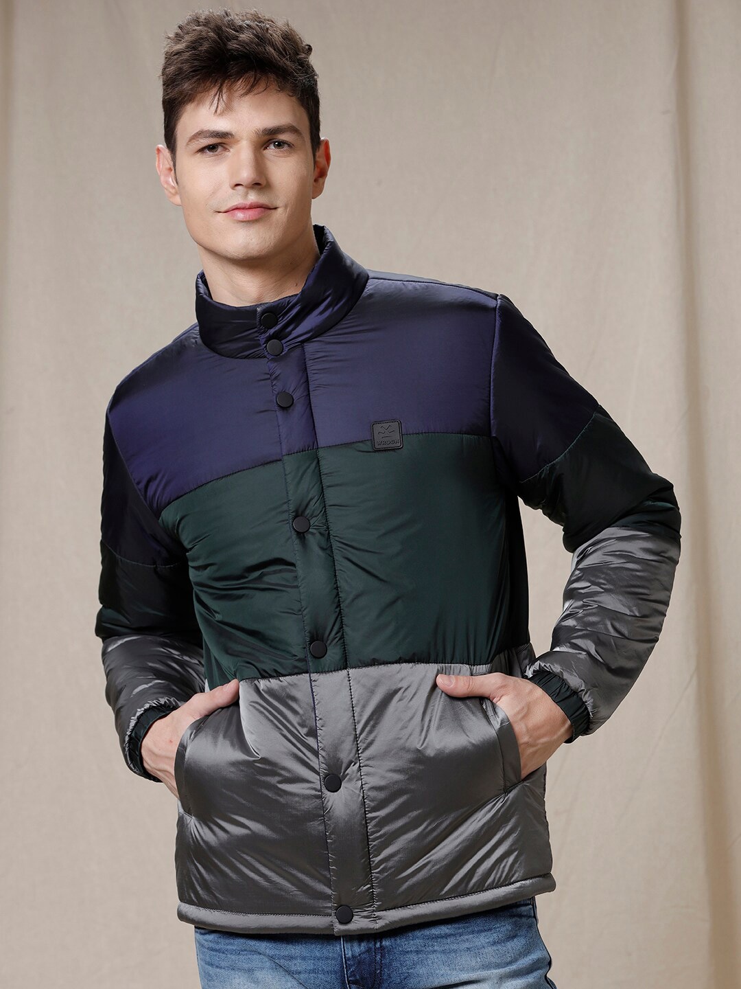 

WROGN Colourblocked Acrylic Puffer Jacket, Navy blue