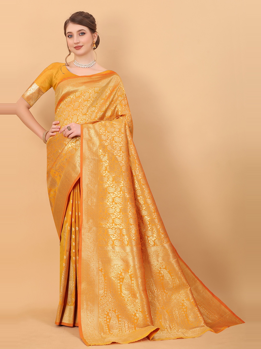 

bansari textiles Ethnic Motifs Woven Design Zari Silk Cotton Banarasi Saree, Yellow