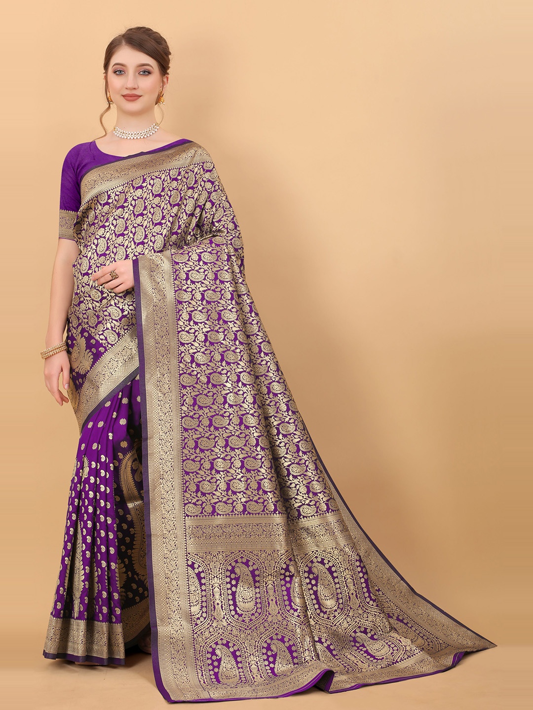 

bansari textiles Ethnic Motifs Woven Design Zari Silk Cotton Kanjeevaram Saree, Purple
