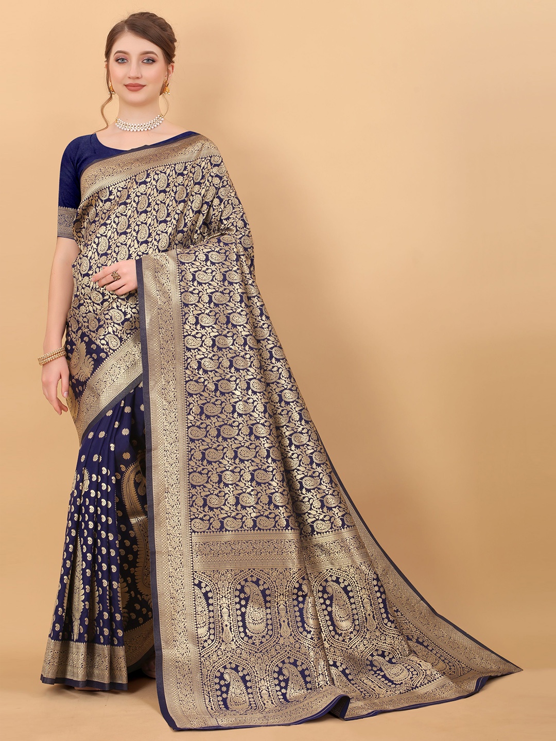 

bansari textiles Ethnic Motifs Woven Design Zari Silk Cotton Banarasi Saree, Navy blue