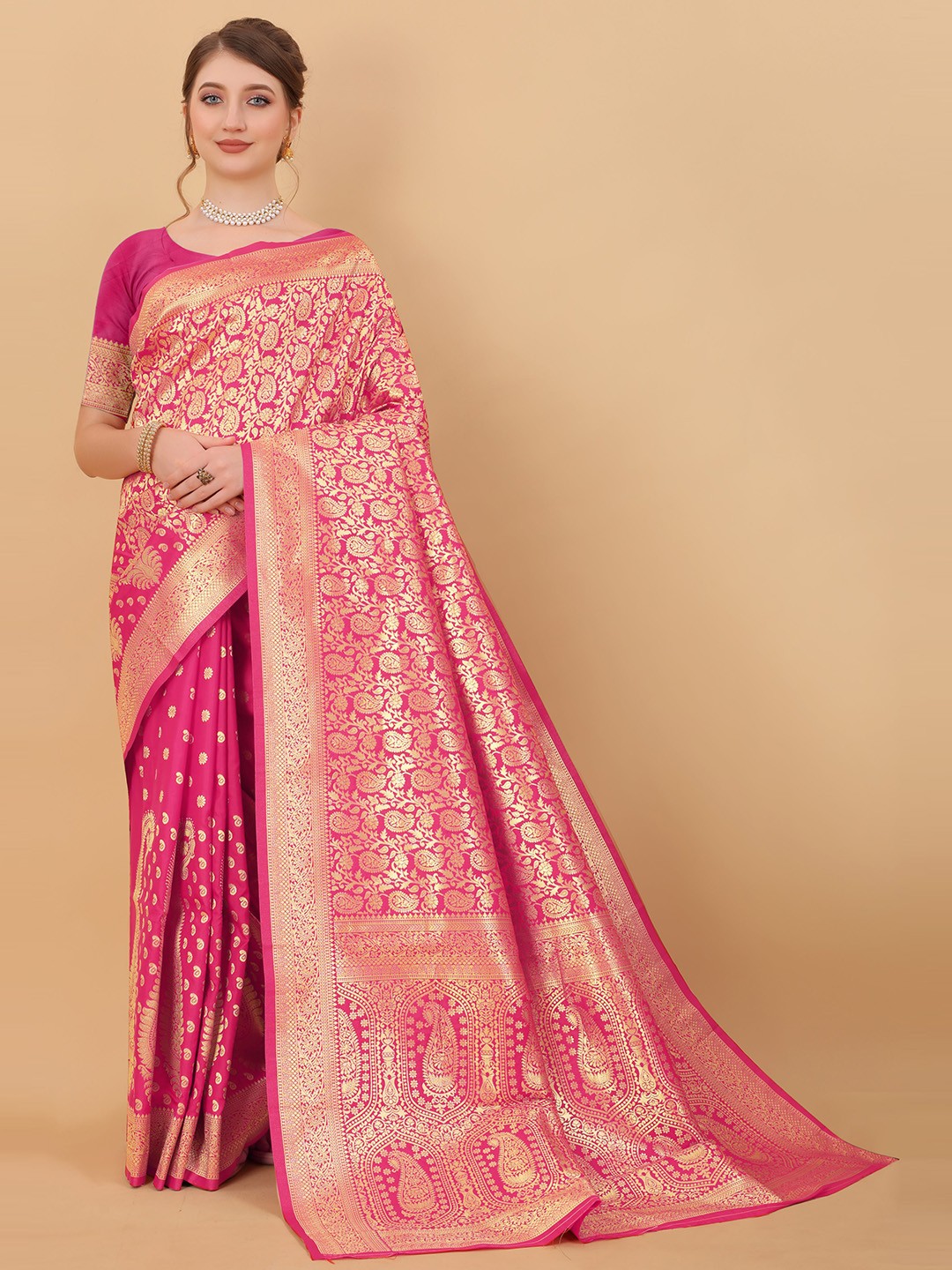 

bansari textiles Ethnic Motifs Woven Design Zari Silk Cotton Banarasi Saree, Pink
