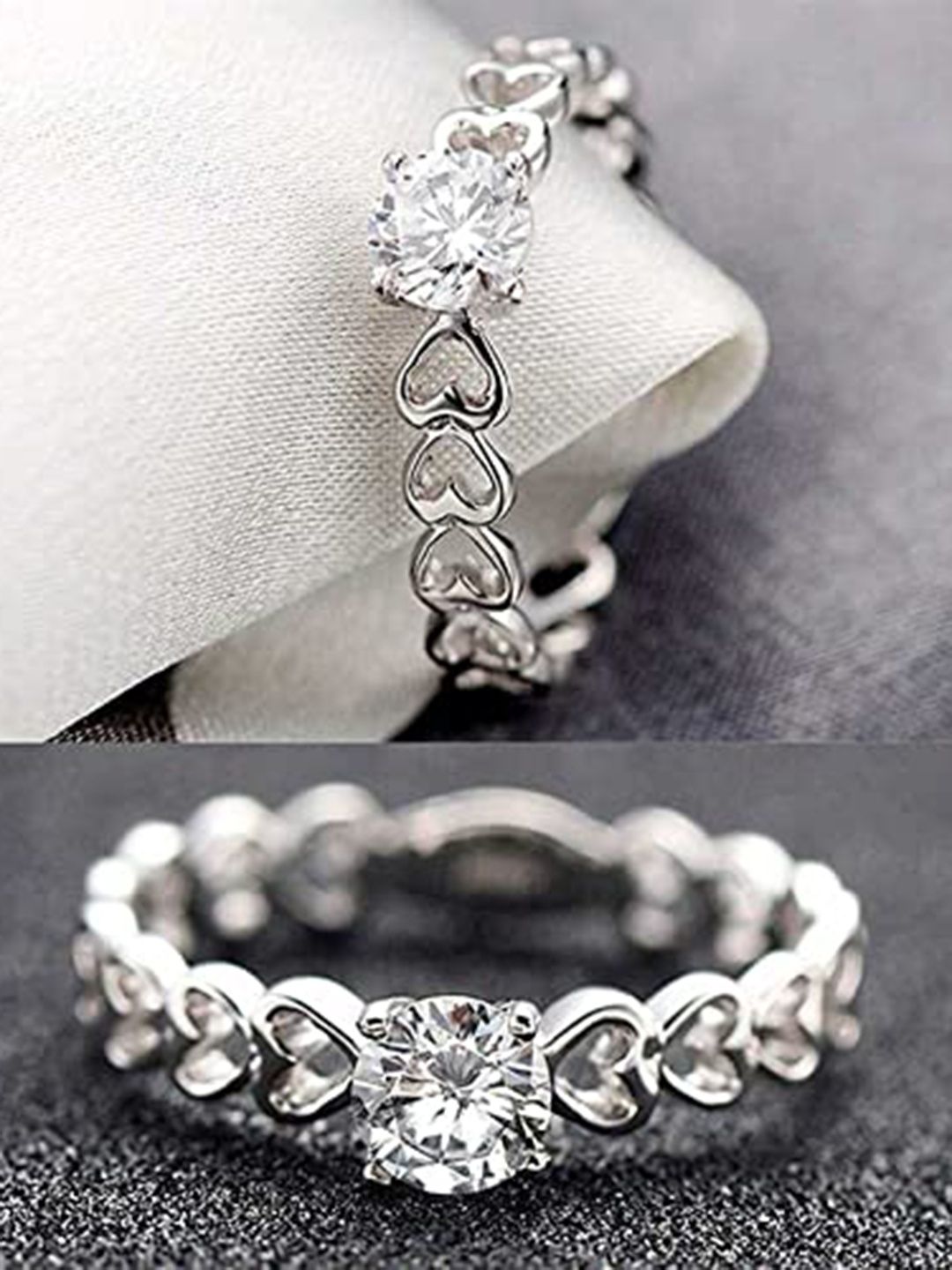

KRYSTALZ Set Of 2 Sliver-Plated American Diamond-Studded Couple Finger Ring, Silver