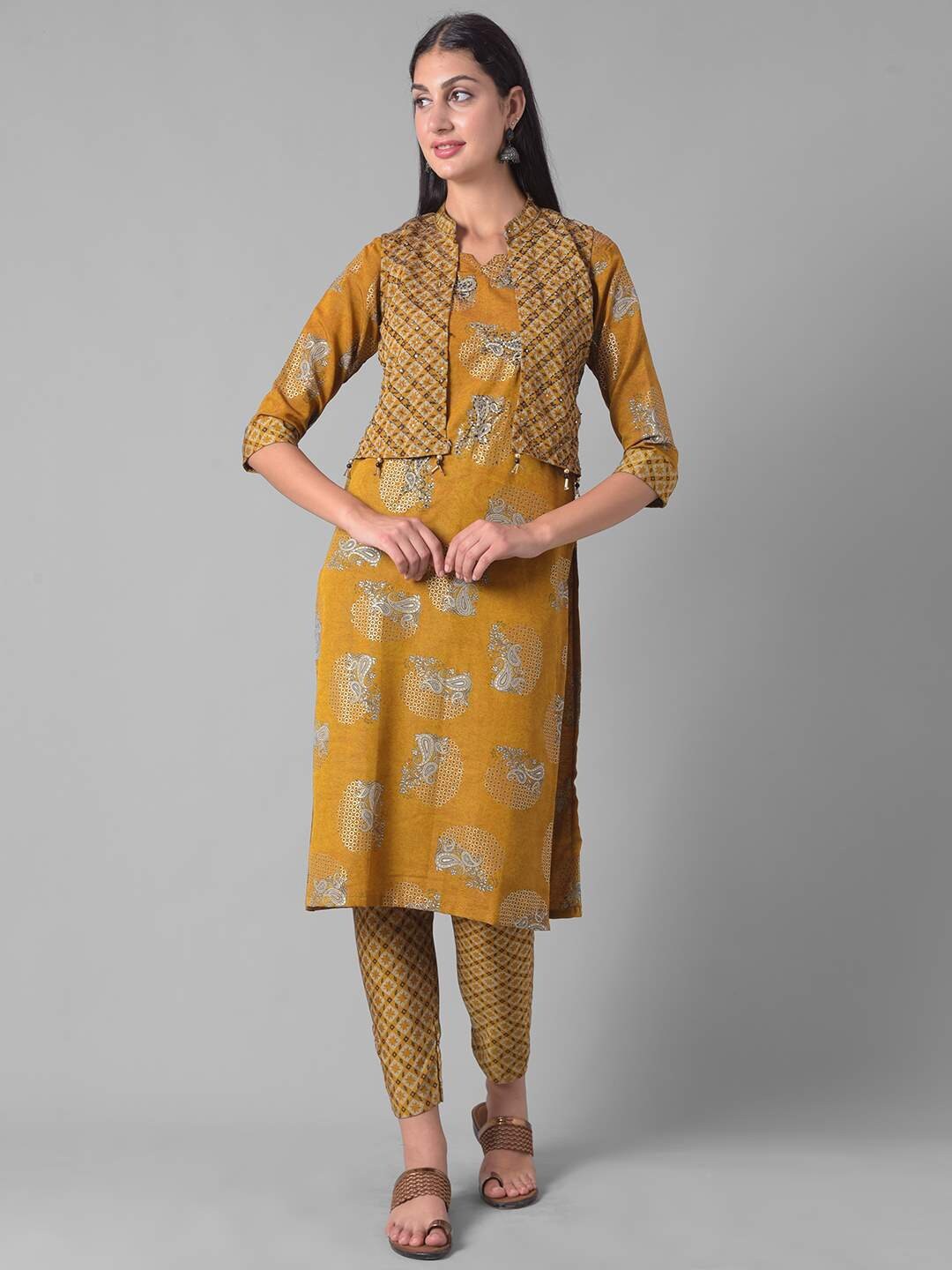 

Dollar Missy Round neck Ethnic Motifs Printed Regular Kurta with Trousers, Yellow