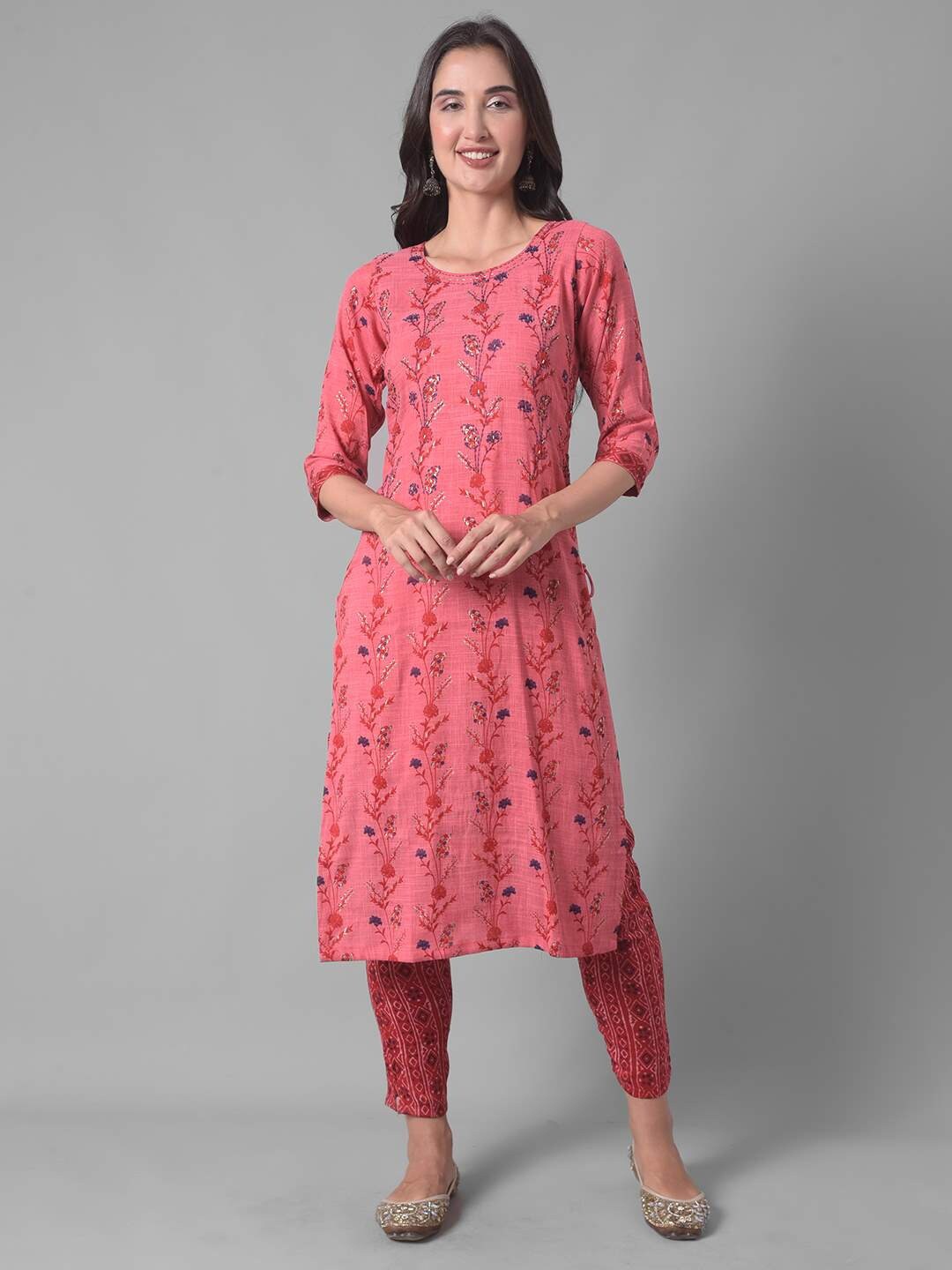 

Dollar Missy Round neck Floral Printed Regular Kurta with Trousers & With Dupatta, Red