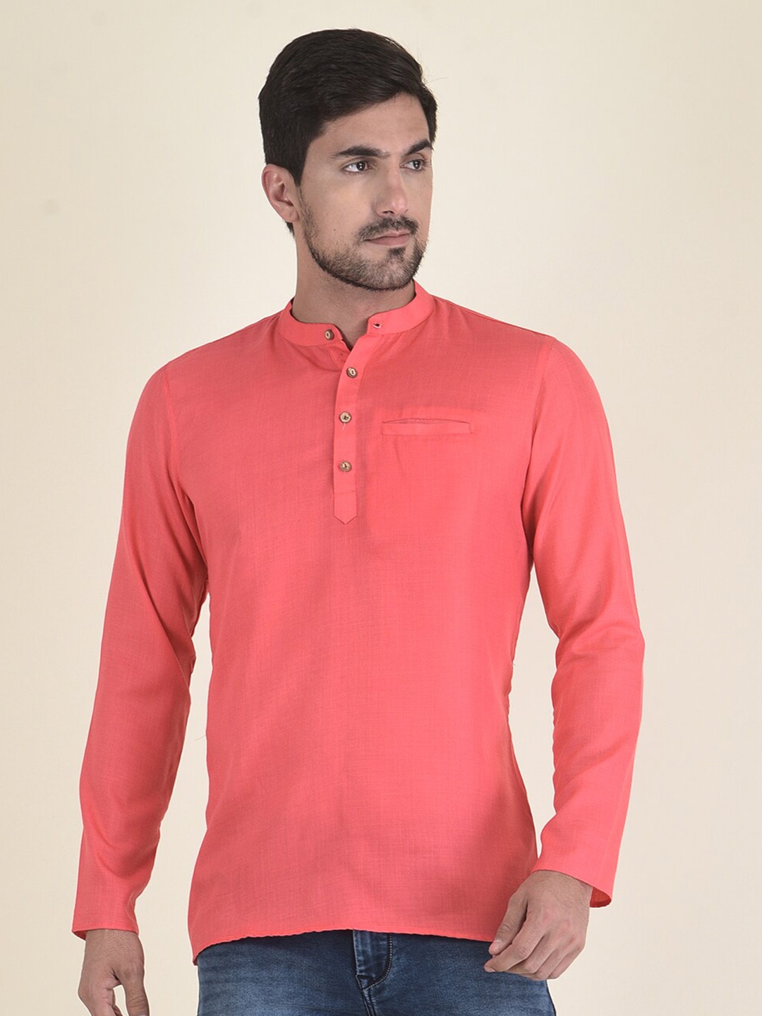 

DEYANN Band Collar Cotton Silk Short Kurta, Pink