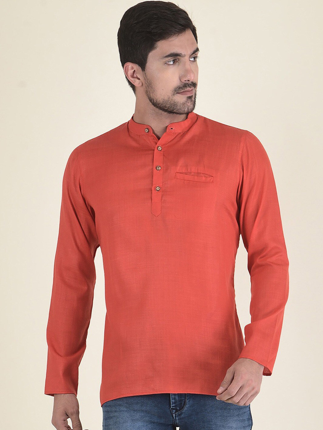 

DEYANN Mandarin Collar Cotton Silk Short Kurta, Red