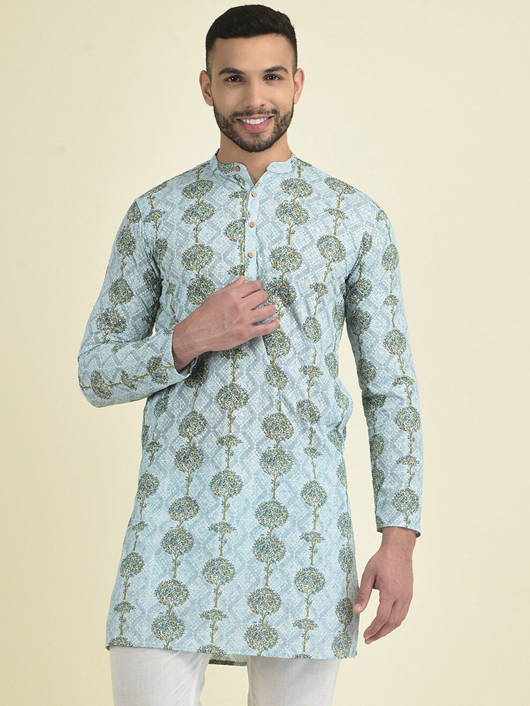 

DEYANN Floral Printed Chikankari Straight Kurta, Blue