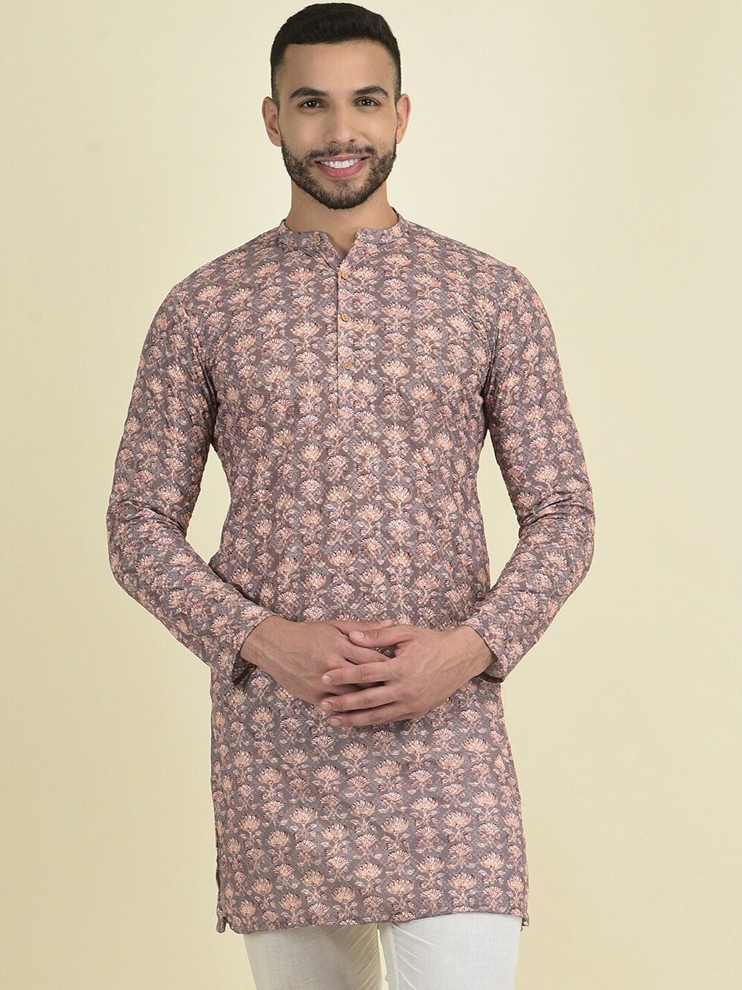 DEYANN Ethnic Motifs Embroidered Chikankari Detailed Straight Kurta, Brown