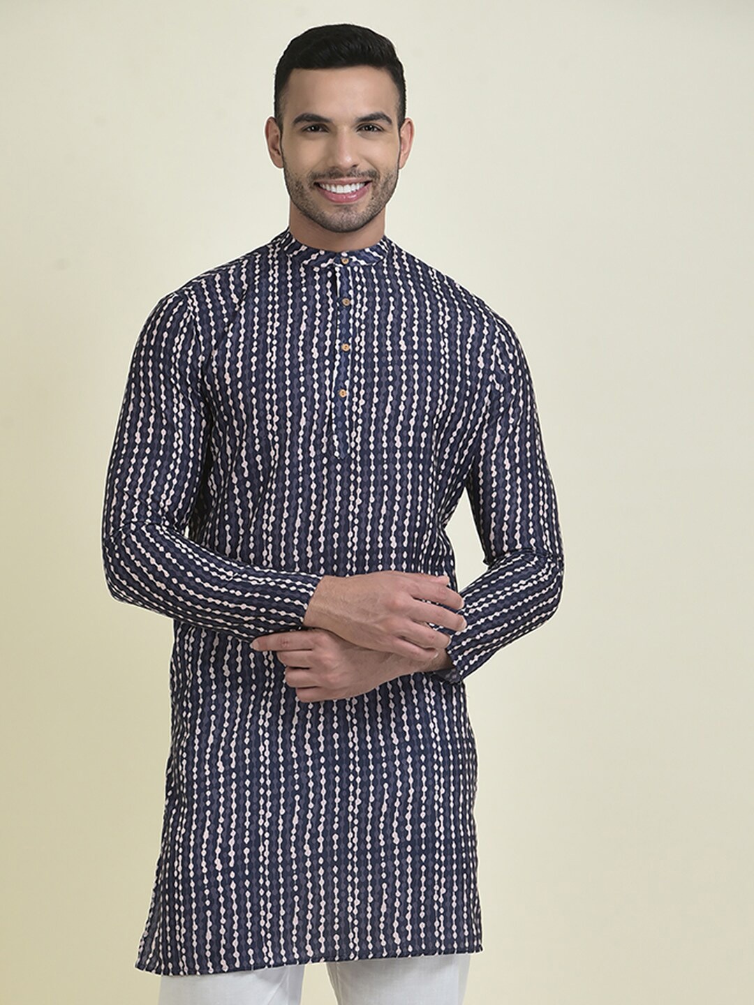 DEYANN Geometric Printed Straight Pure Cotton Kurta, Navy blue