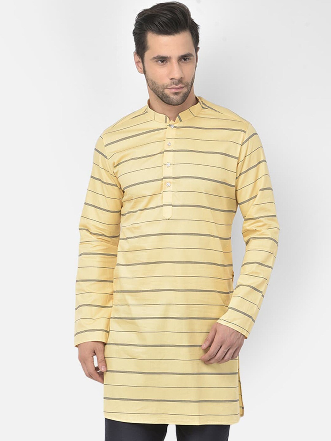 

DEYANN Mandarin Collar Striped Straight Kurta, Yellow