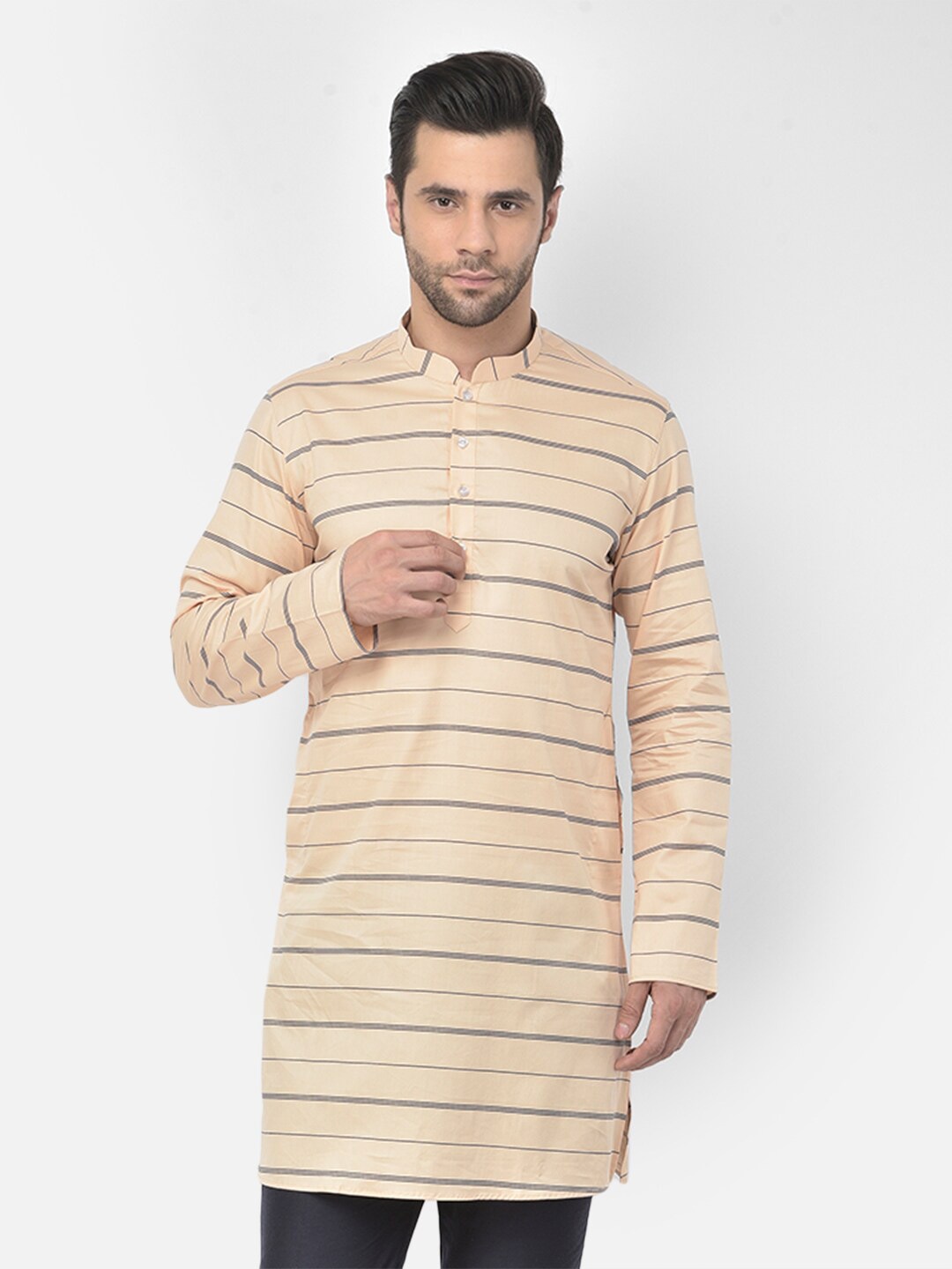

DEYANN Striped Mandarin Collar Straight Kurta, Peach
